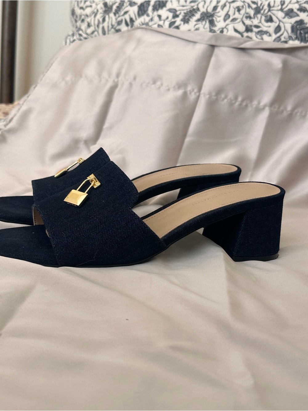 White House Black Market Black Slip-On Block Heel Mules with Gold Hardware